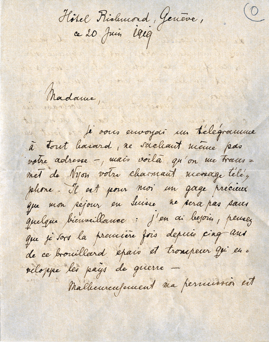 Lettre de Rilke à Yvonne de Wattenwyl, 20 juin 1919